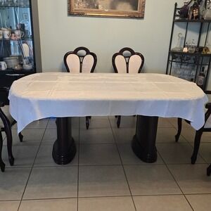 VTG White Damask Floral Rose Scroll Rectangular Tablecloth 76x56 Classic Dining